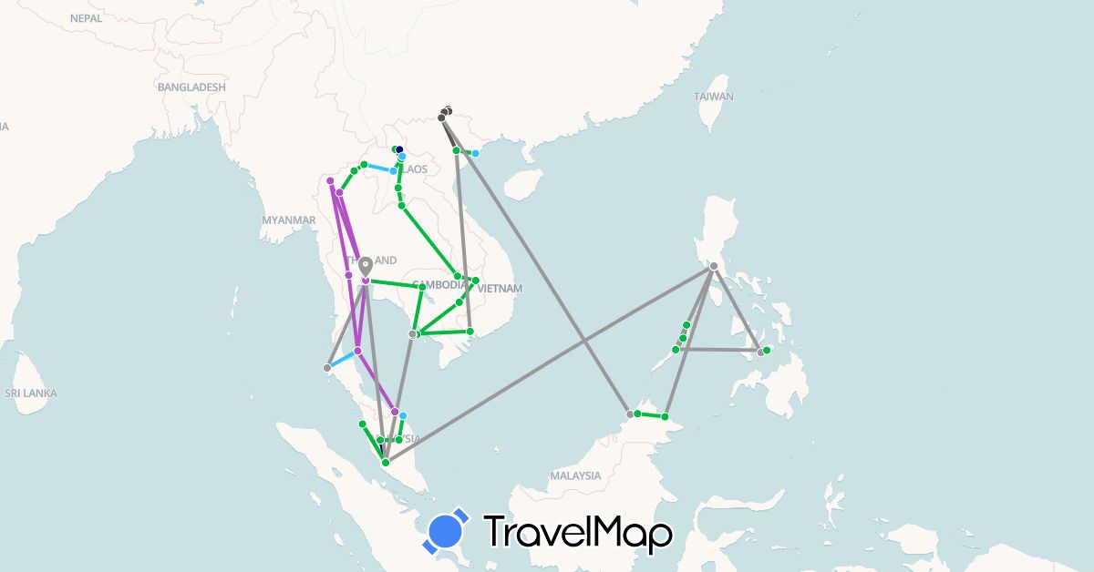 TravelMap itinerary: driving, bus, plane, train, boat, motorbike in Cambodia, Laos, Malaysia, Philippines, Thailand, Vietnam (Asia)