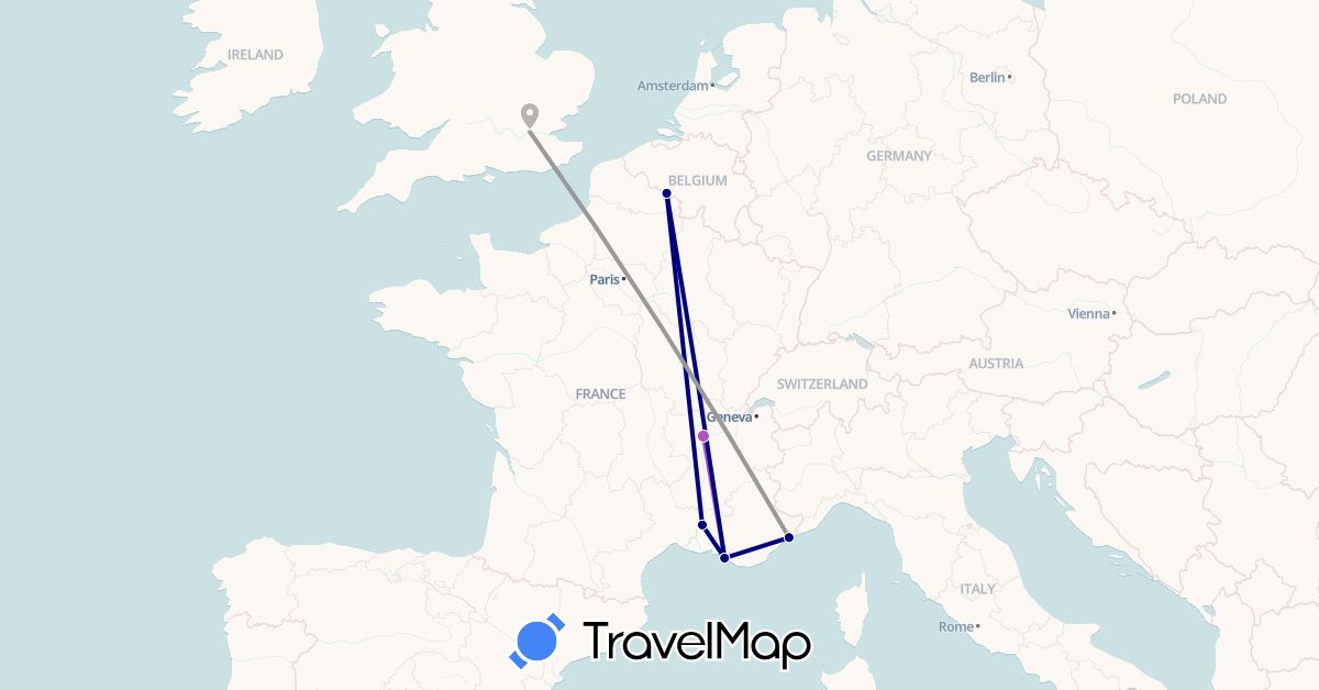 TravelMap itinerary: driving, plane, train in Belgium, France, United Kingdom (Europe)